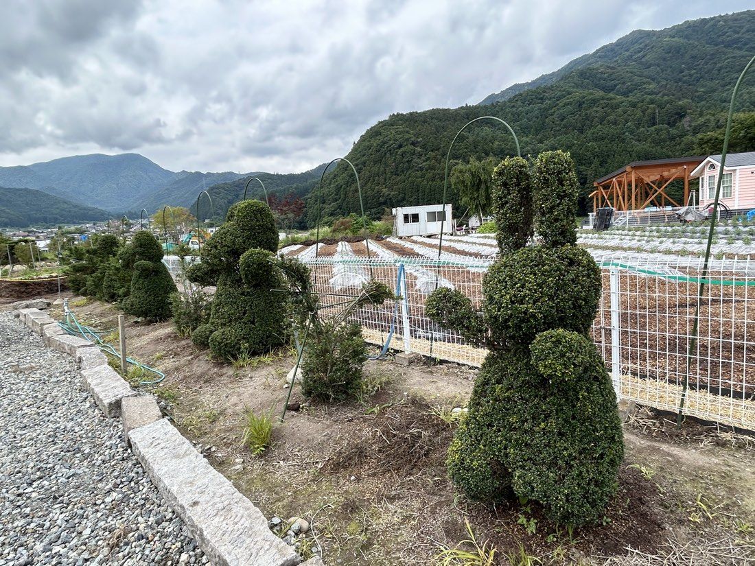 農園に並ぶトピアリー(動物の植木)
